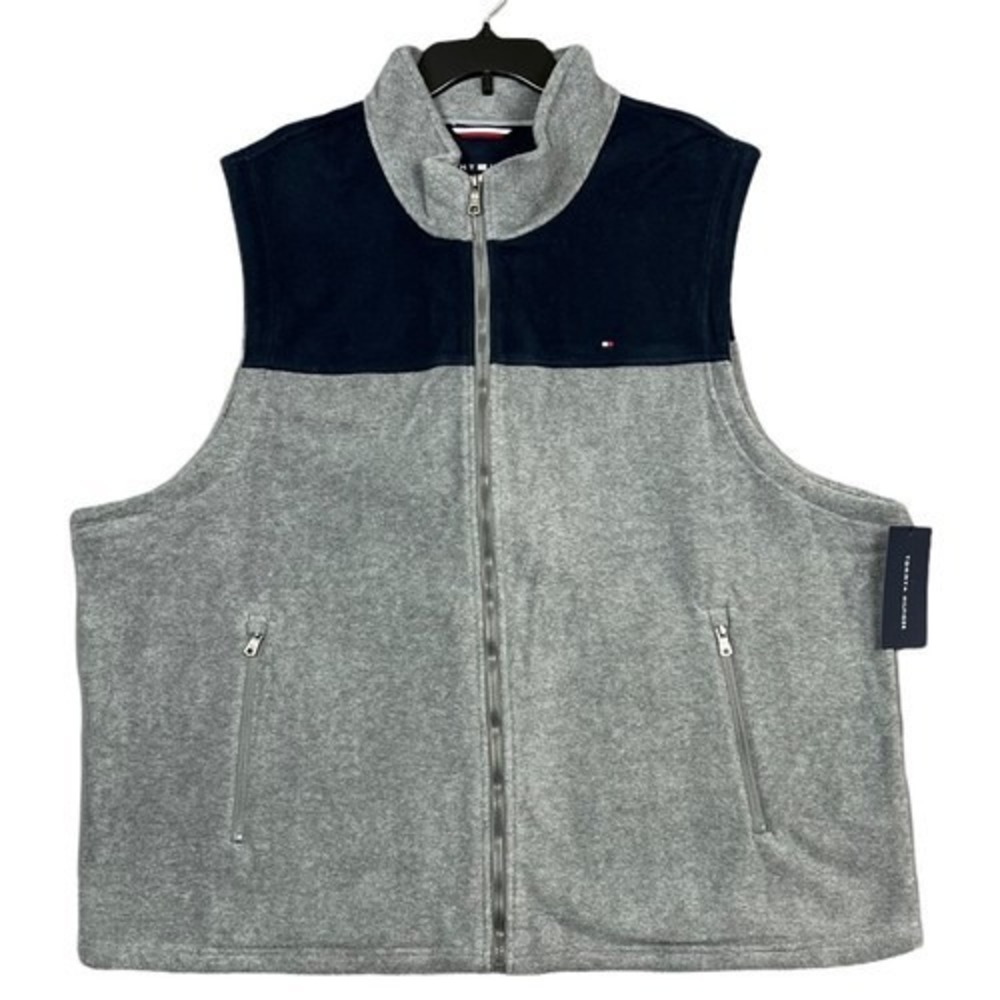 Tommy Hilfiger Mens Fleece Vest Size 3XL Light Gray-Navy Blue Zippered Pockets